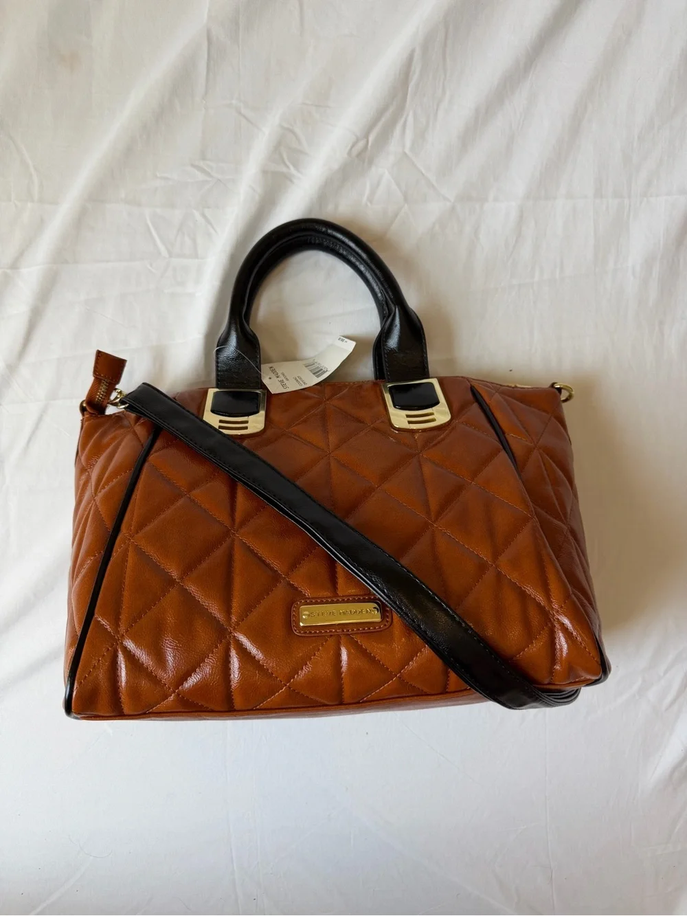 Steve Madden Cognac Quilted Satchel with Black Trim